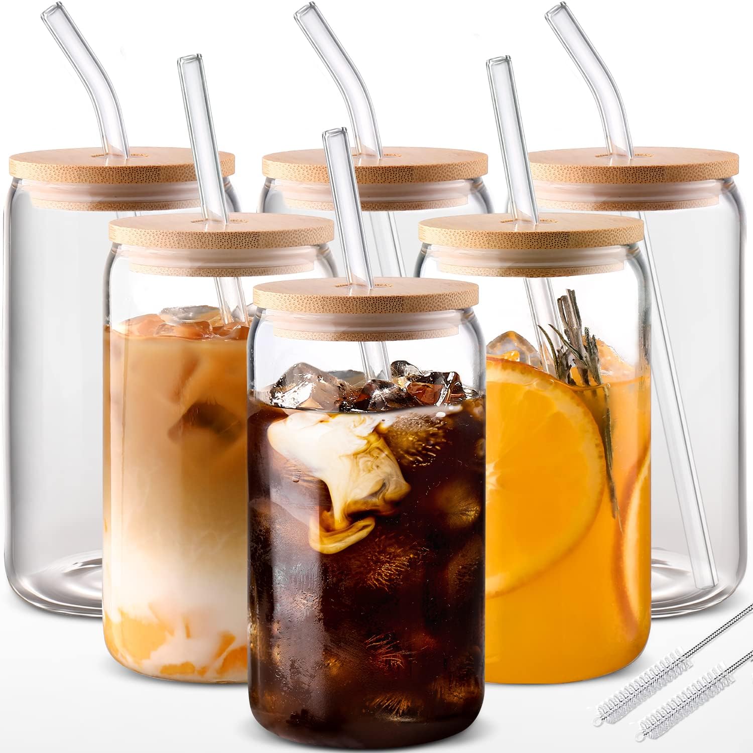 Glass Cups with Lids and Straws 4 pcs,16oz Drinking Glasses Set for Coffee Bar Accessories,Iced Coffee Cups with Lids,Matcha Cup Glass Tumbler Reusable for Gifts