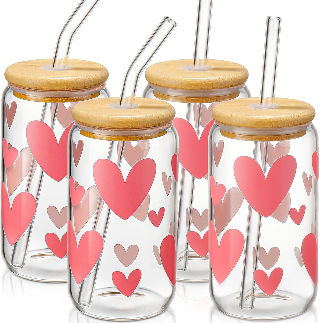 Glass Cups with Lids and Straws 4 pcs,16oz Drinking Glasses Set for Coffee Bar Accessories,Iced Coffee Cups with Lids,Matcha Cup Glass Tumbler Reusable for Gifts