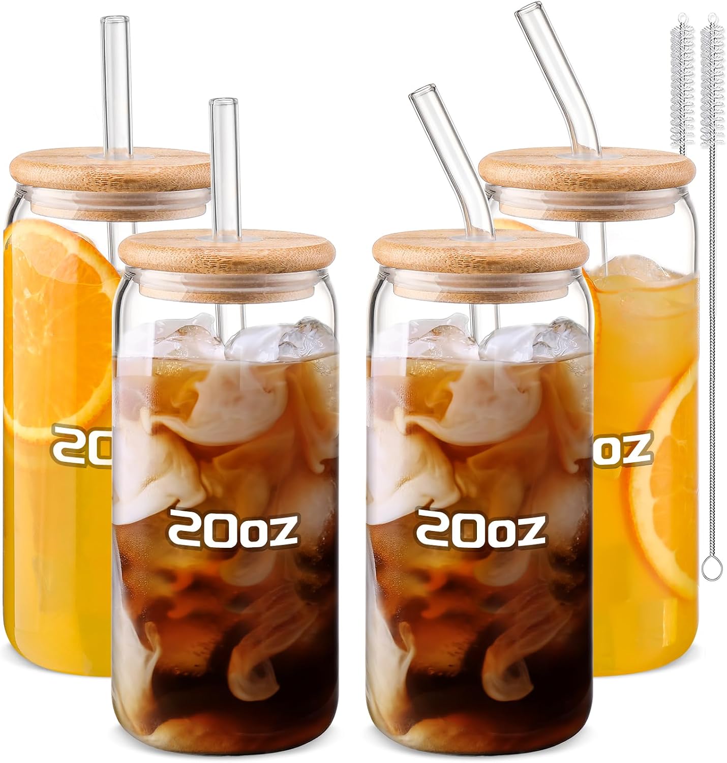 Glass Cups with Lids and Straws 4 pcs,16oz Drinking Glasses Set for Coffee Bar Accessories,Iced Coffee Cups with Lids,Matcha Cup Glass Tumbler Reusable for Gifts