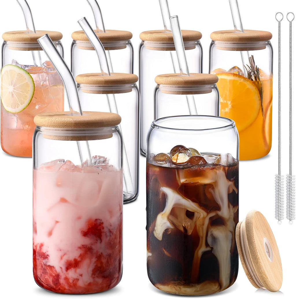 Glass Cups with Lids and Straws 4 pcs,16oz Drinking Glasses Set for Coffee Bar Accessories,Iced Coffee Cups with Lids,Matcha Cup Glass Tumbler Reusable for Gifts