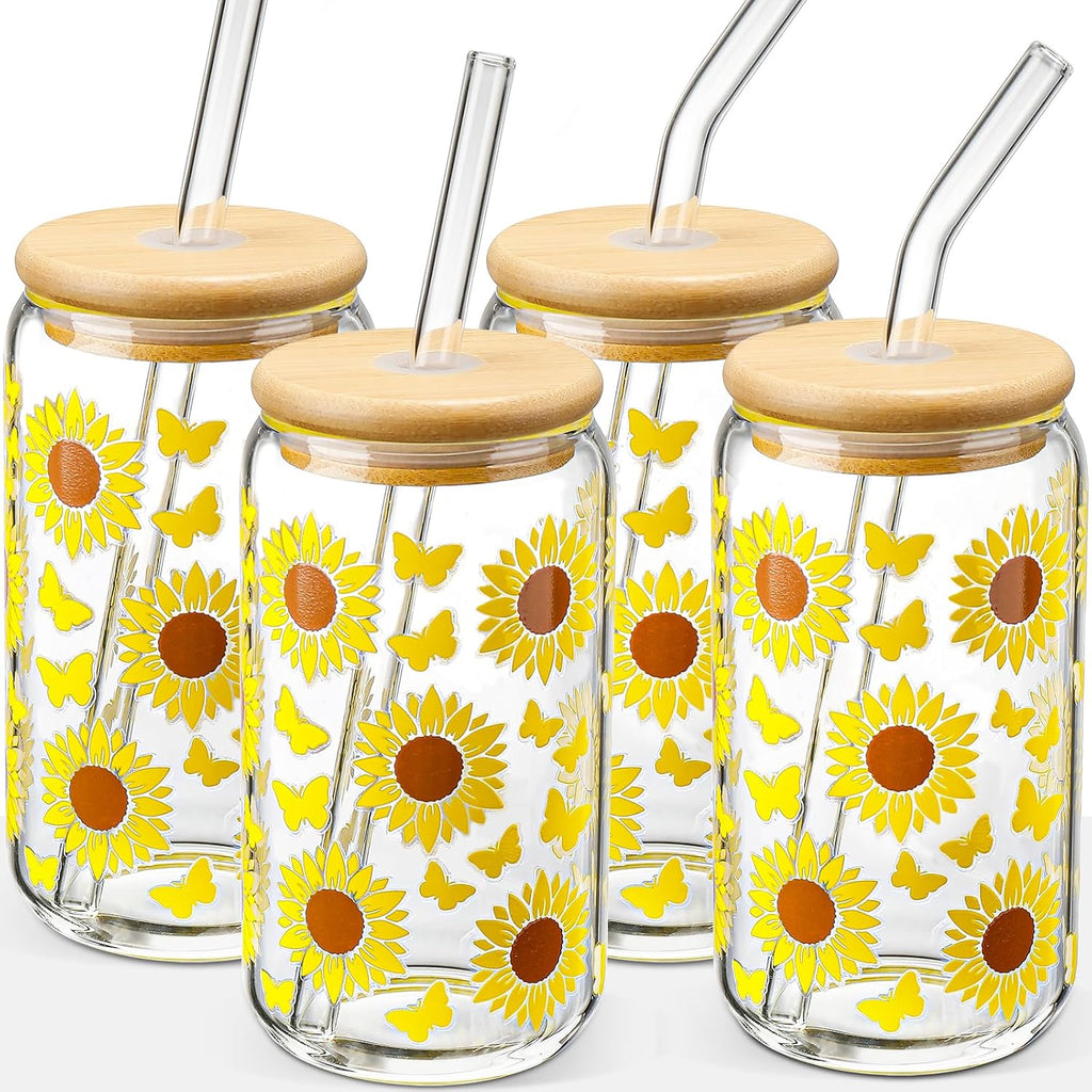 Glass Cups with Lids and Straws 4 pcs,16oz Drinking Glasses Set for Coffee Bar Accessories,Iced Coffee Cups with Lids,Matcha Cup Glass Tumbler Reusable for Gifts