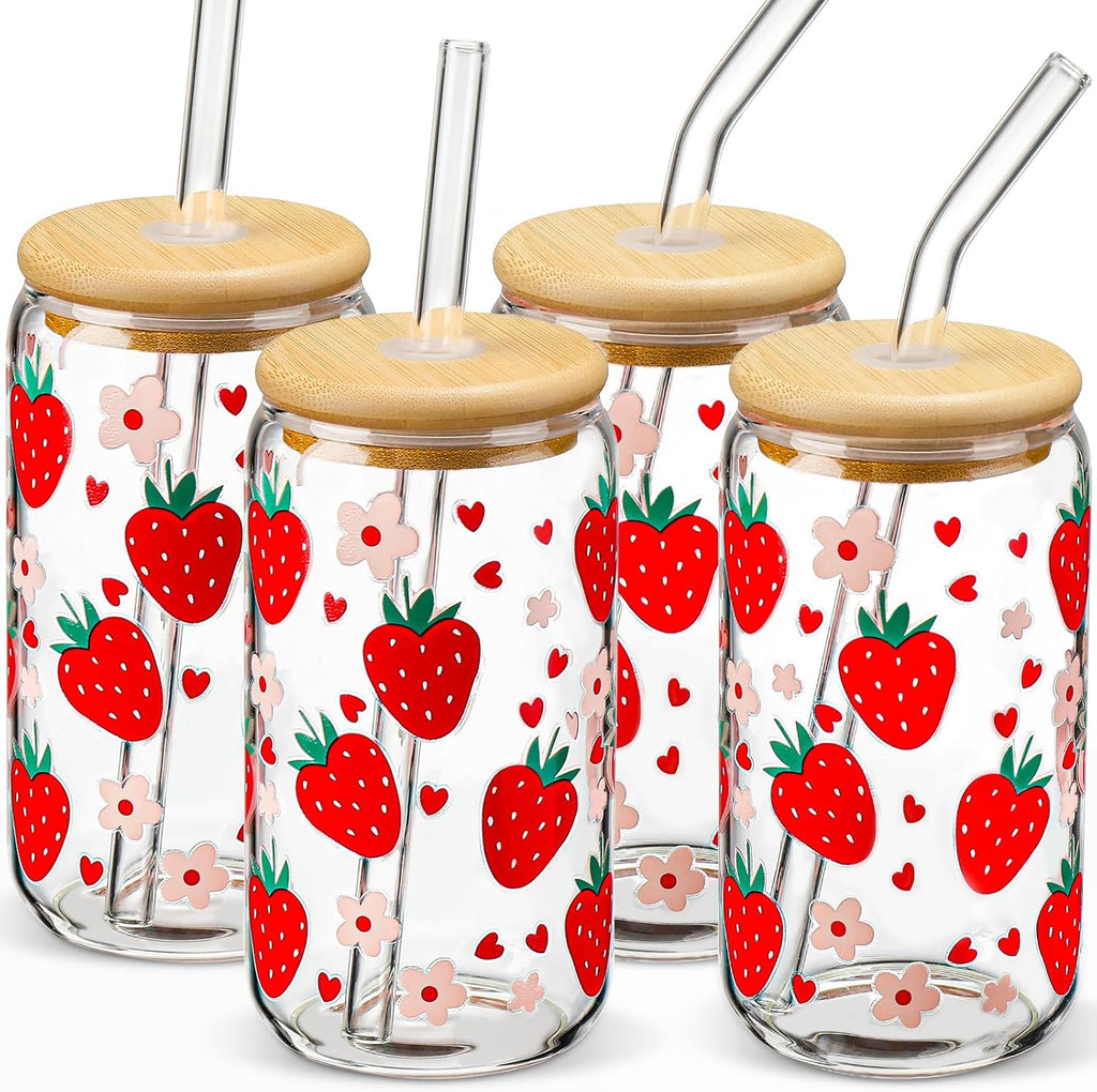 Glass Cups with Lids and Straws 4 pcs,16oz Drinking Glasses Set for Coffee Bar Accessories,Iced Coffee Cups with Lids,Matcha Cup Glass Tumbler Reusable for Gifts