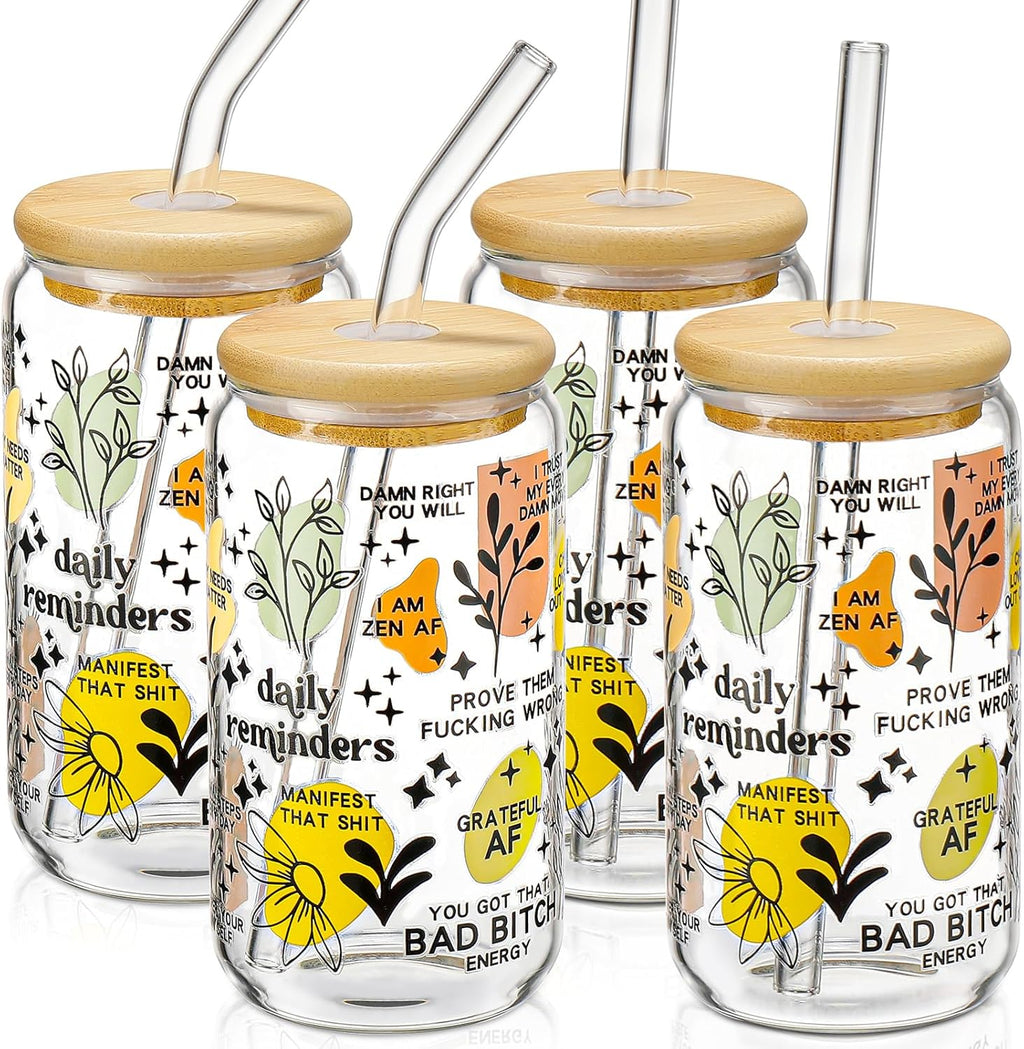 Glass Cups with Lids and Straws 4 pcs,16oz Drinking Glasses Set for Coffee Bar Accessories,Iced Coffee Cups with Lids,Matcha Cup Glass Tumbler Reusable for Gifts