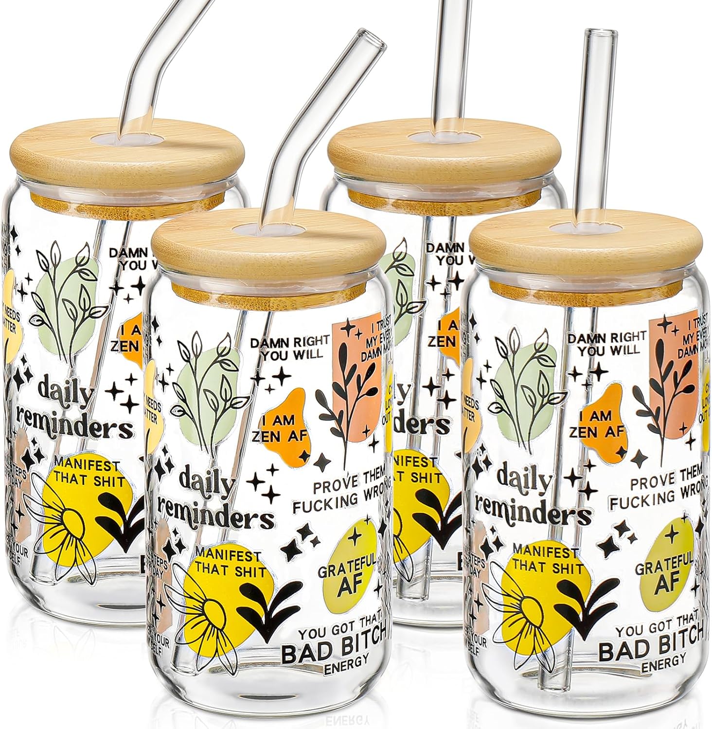 Glass Cups with Lids and Straws 4 pcs,16oz Drinking Glasses Set for Coffee Bar Accessories,Iced Coffee Cups with Lids,Matcha Cup Glass Tumbler Reusable for Gifts