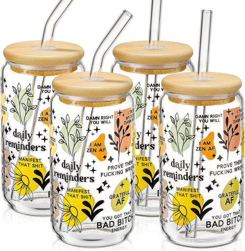 Glass Cups with Lids and Straws 4 pcs,16oz Drinking Glasses Set for Coffee Bar Accessories,Iced Coffee Cups with Lids,Matcha Cup Glass Tumbler Reusable for Gifts